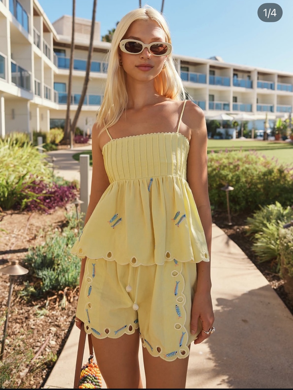 en saison ellie yellow fish embellished scalloped top + mini shorts size small